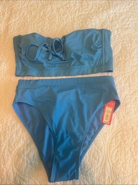 Xhilaration Ribbed Bandeau Bikini Set in Bright Blue